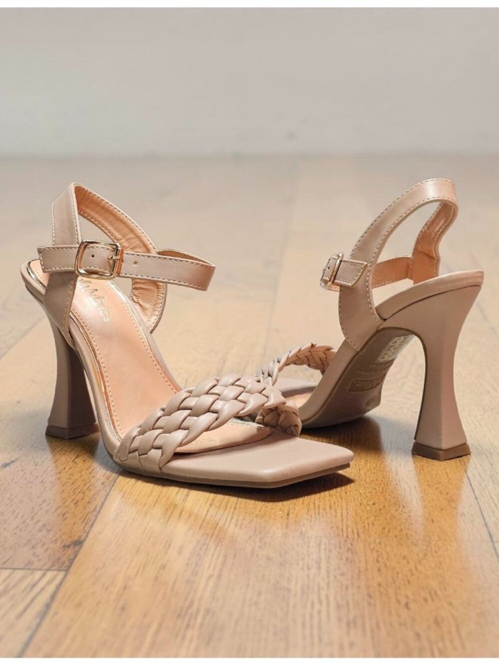 Braided Nude Heeled Sandals With Square Toe Design & Adjustable Ankle Strap